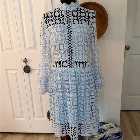 Eilly Bazar Dresses & Skirts - Light Blue Crochet Lace Long Sleeve Midi Dress
